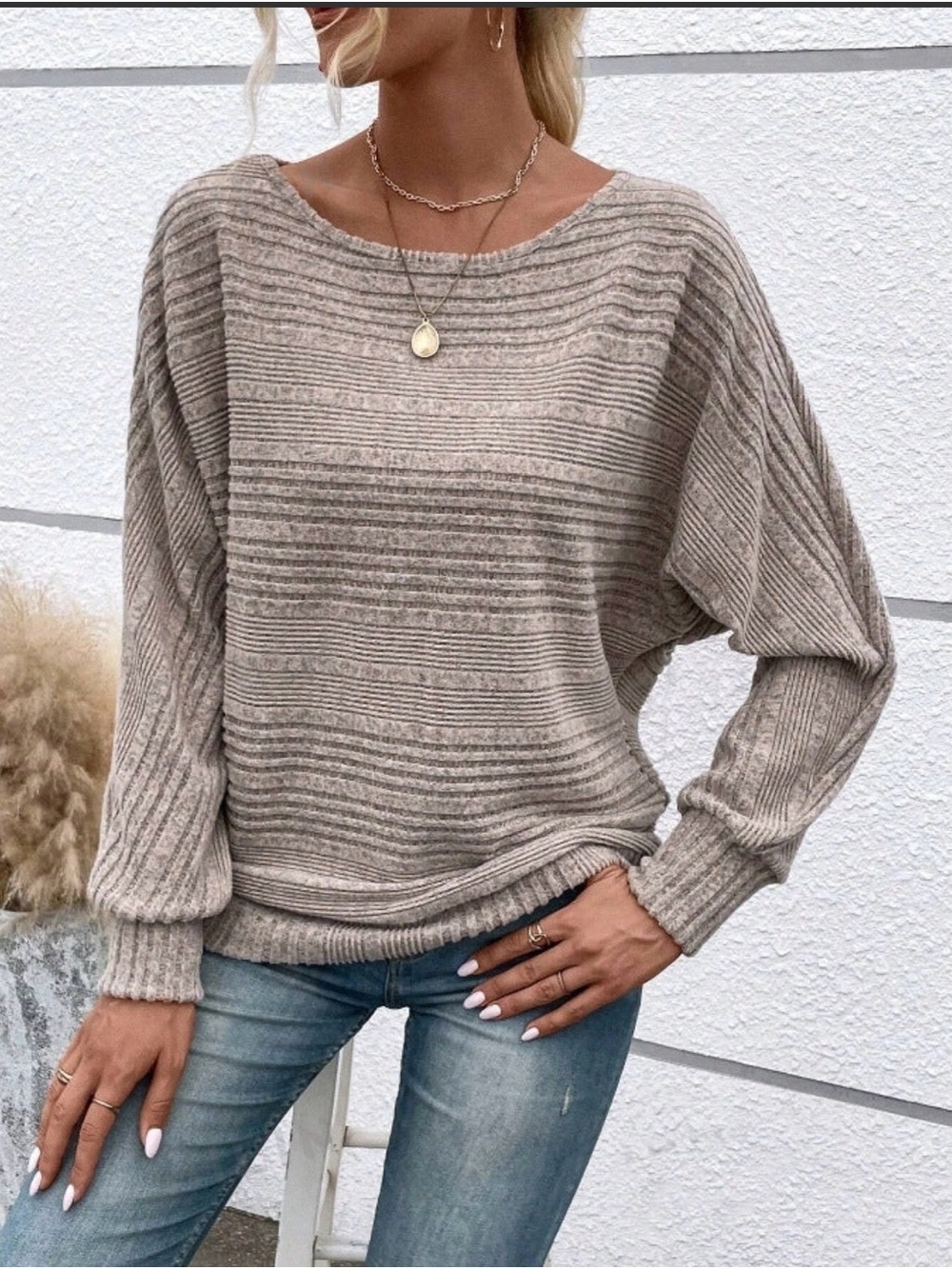 Cozy Ribbed Boatneck Sweater - Taupe